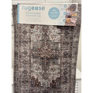 2PC Vintage Distressed Washable Accent Rug Set Door Mat Neutral Brown Grey